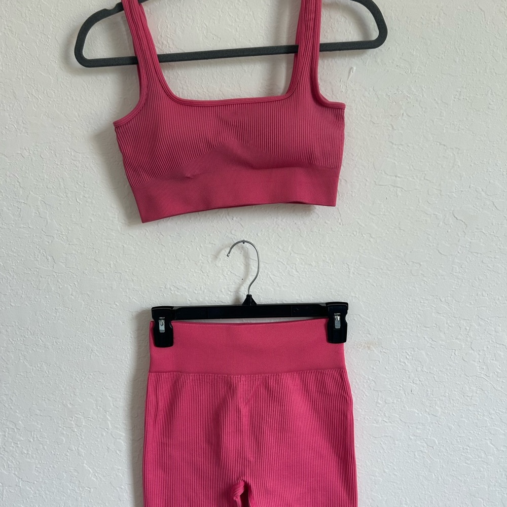 Pink Ribbed Crop Top and Leggings Set